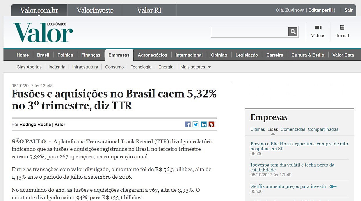 Fuses e aquisies no Brasil caem 5,32% no 3 trimestre, diz TTR